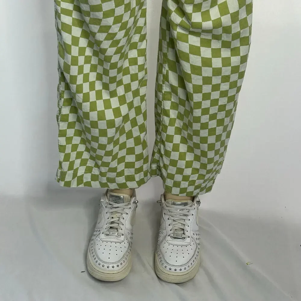 Zara Green White Checkerboard Wide Leg Pants Women’s L High Rise Linen Blend
